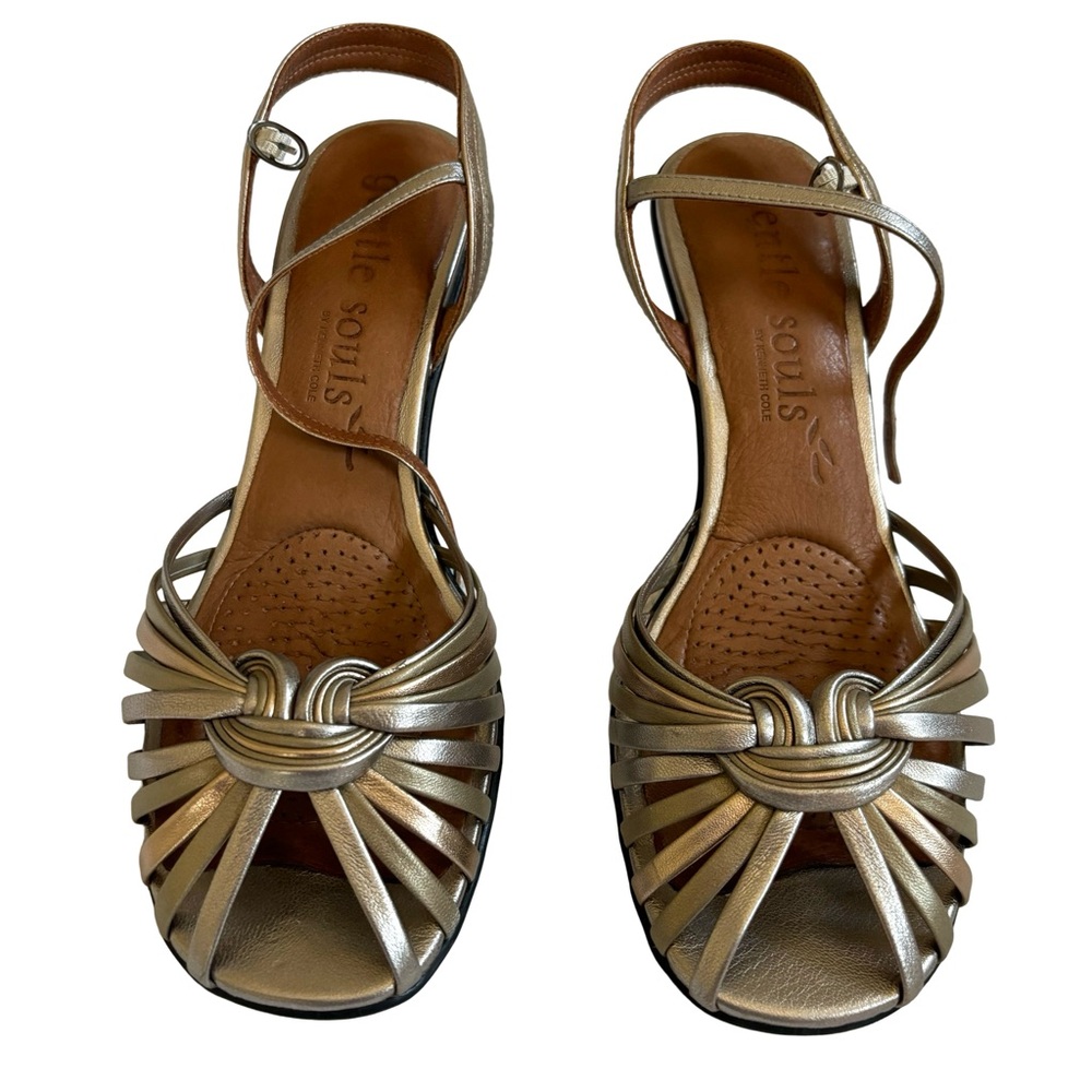 Gentle Souls Pewter Metallic Comfort Padded Footbed Sandal Heels Size 8M EUC